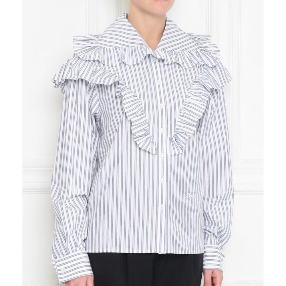 Philosophy Ruffle Blouse 6 Medium Blue White Striped Cotton Button Up Shirt